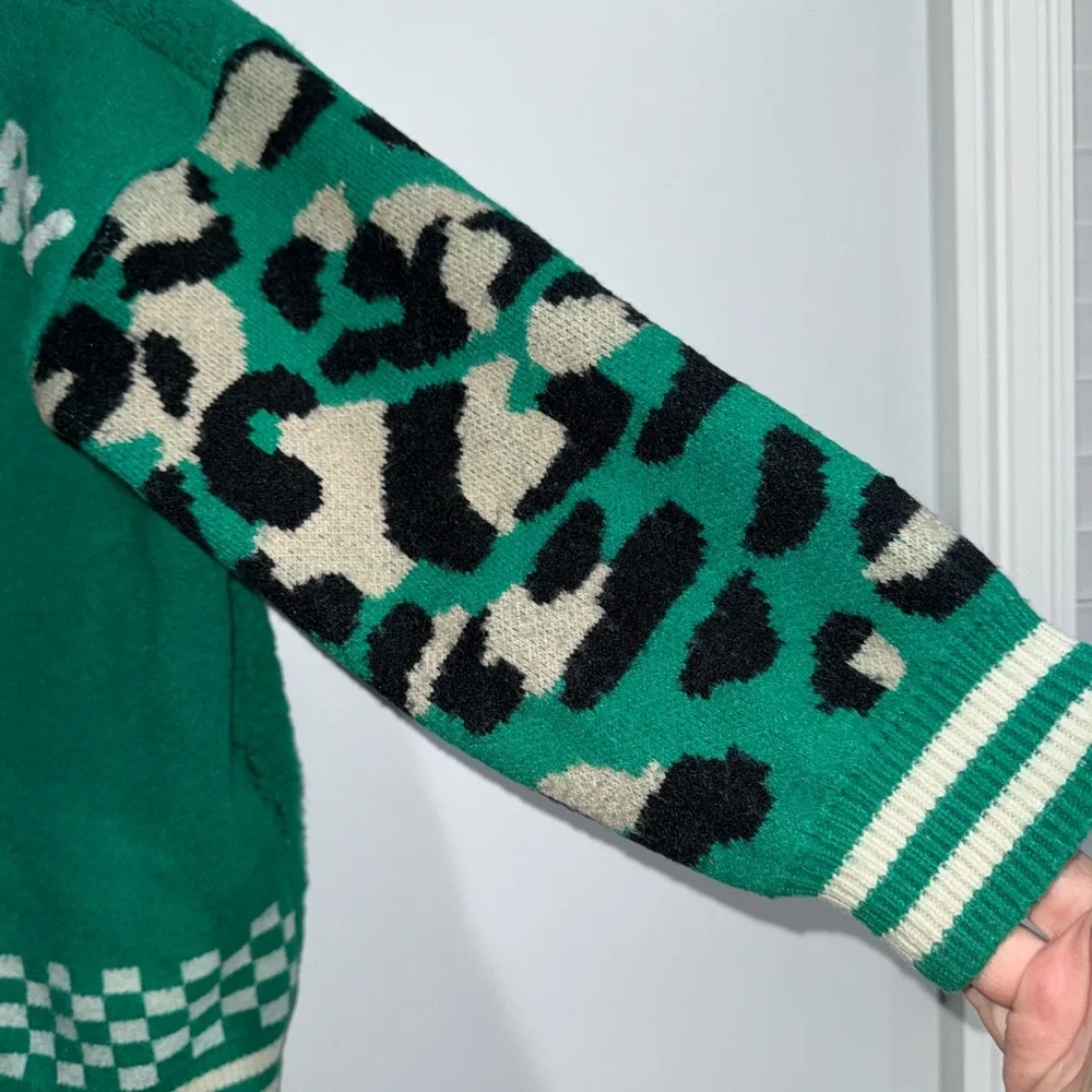 Rare Smiley Patchwork Knit Bomber Jacket Green Leopard Check Full Zip Streetwear